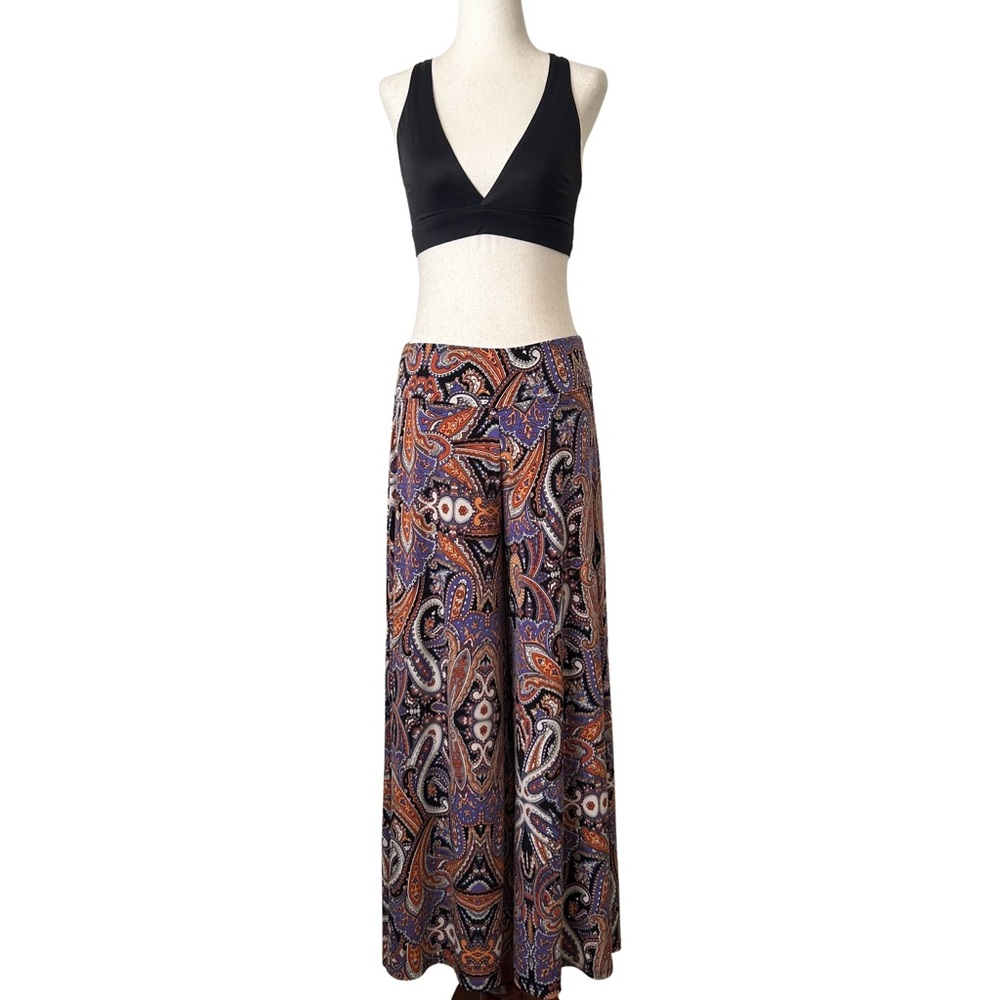 Coco Bianco Multi-Color Paisley Flowy Stretchy Wide Leg Palazzo Pants - Small